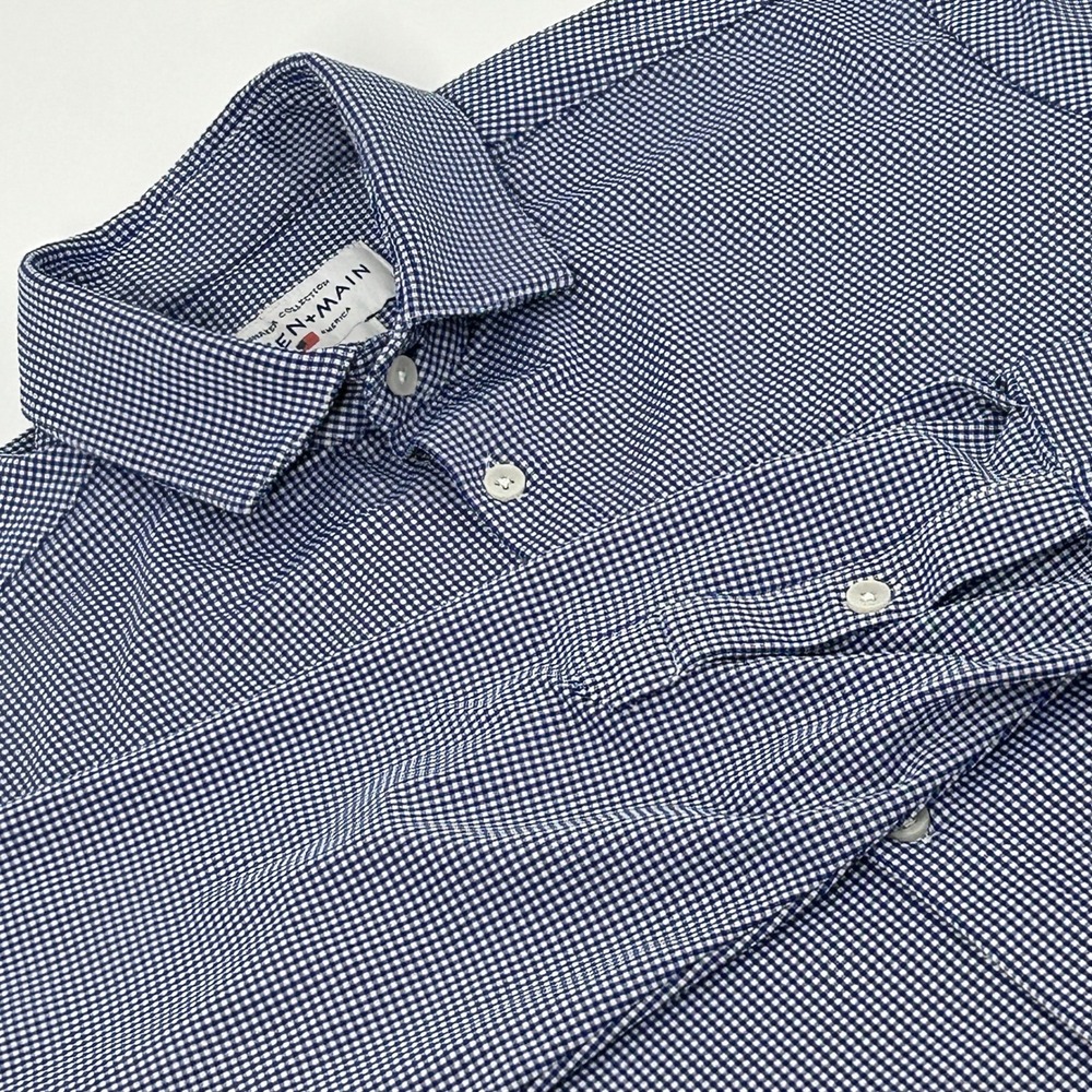Mizzen+Main Spinnaker Shirt Mens Large Blue Gingham Trim Fit Performance Stretch